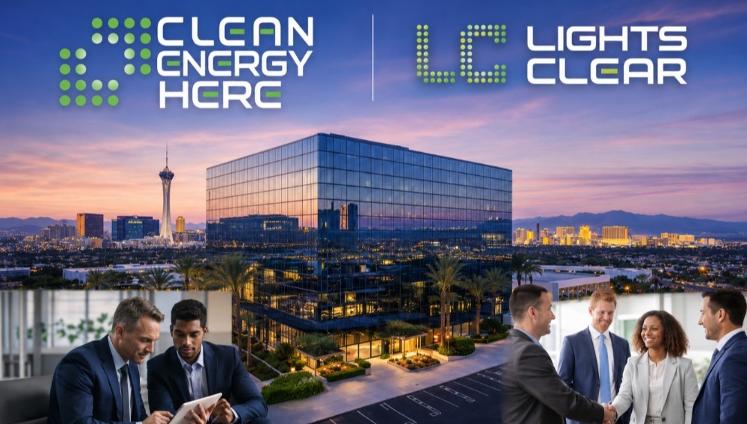 Clean Energy Here and Lights Clear partnership banner featuring the Las Vegas skyline